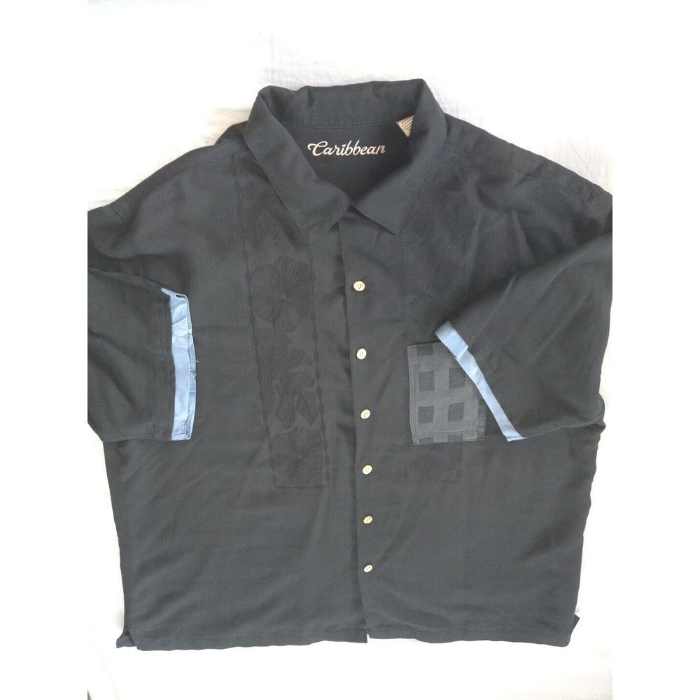 Caribbean Men Short Sleeve Embroider Shirt XL Floral Aztec Black Rayon Polyester